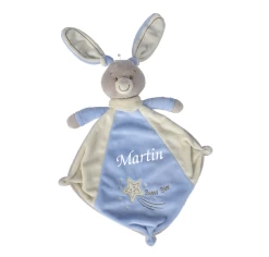 Nicotoy - Raphaël Le Lapin - Doudou Plat Bleu Beige 35 Cm